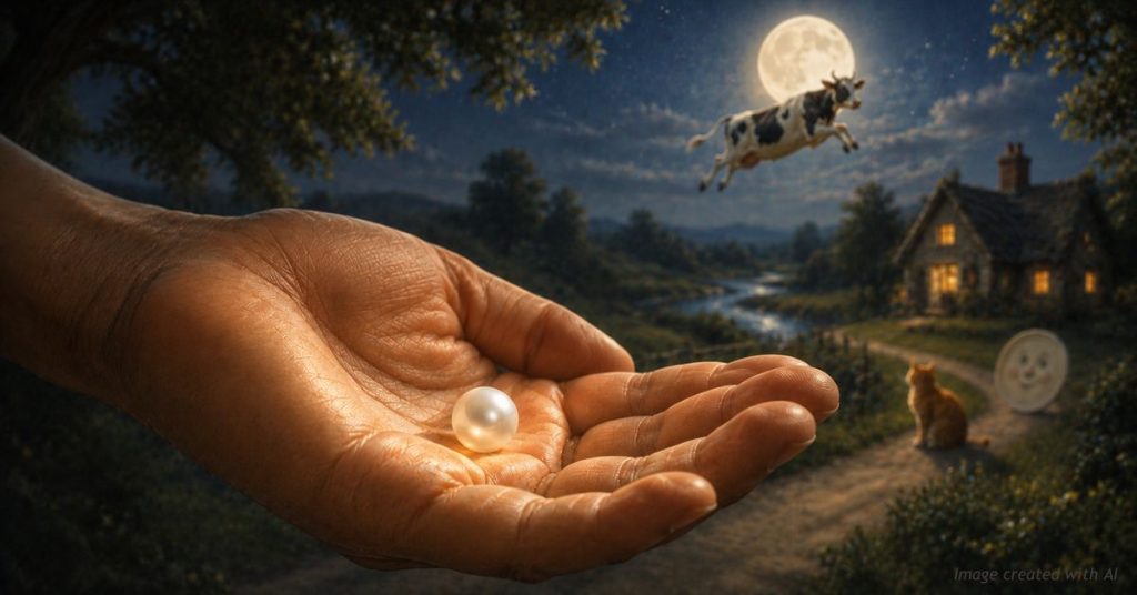 A glowing pearl held in a still open palm, with a dreamlike moonlit cow-jumping scene blurred behind.