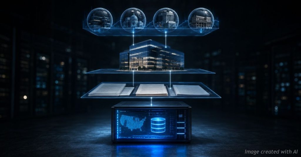 Digital voter database beneath layers of private equity and foreign investment.