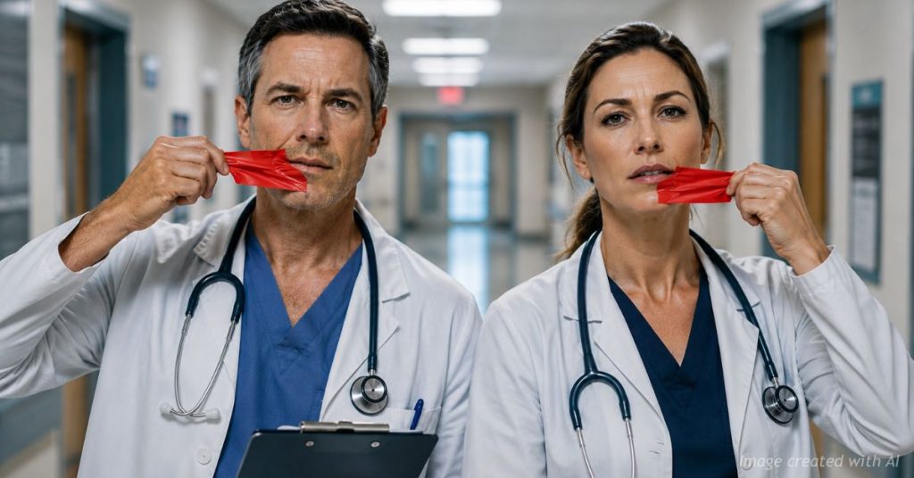 Two doctors remove red tape from their mouths, symbolizing a court victory protecting physicians’ medical speech.