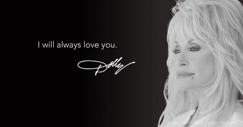 Dolly Parton in a black-and-white memorial image with the words “I will always love you.”