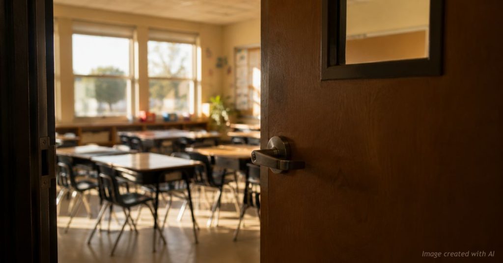 A full, sunlit elementary classroom seen through a half-closed door, evoking access to a new school being restricted.