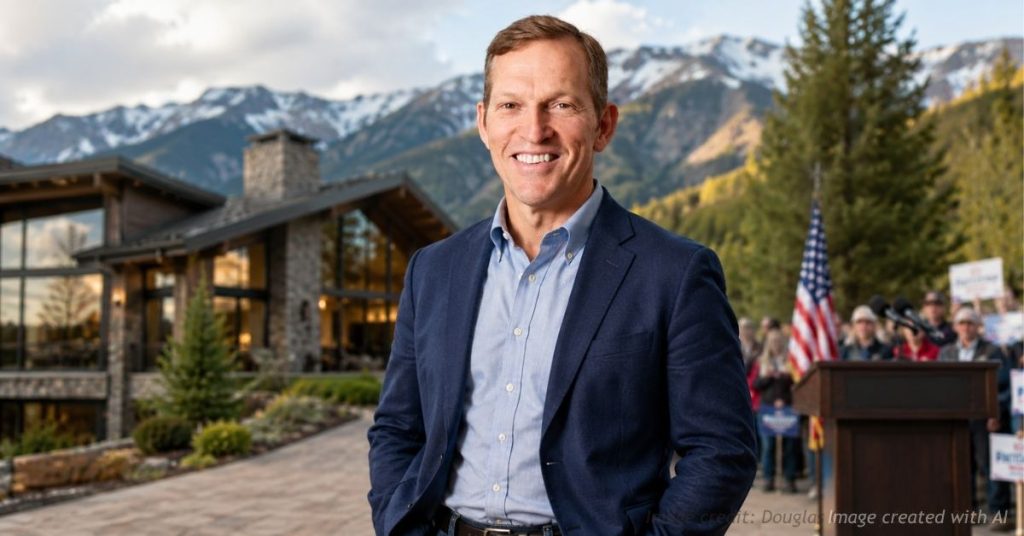 Editorial image depicting an Aspen realtor campaigning for Congress alongside luxury housing and campaign imagery.