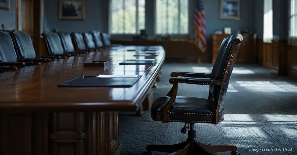 Empty chair at a negotiating table, symbolizing a teacher's lost individual voice under union representation.