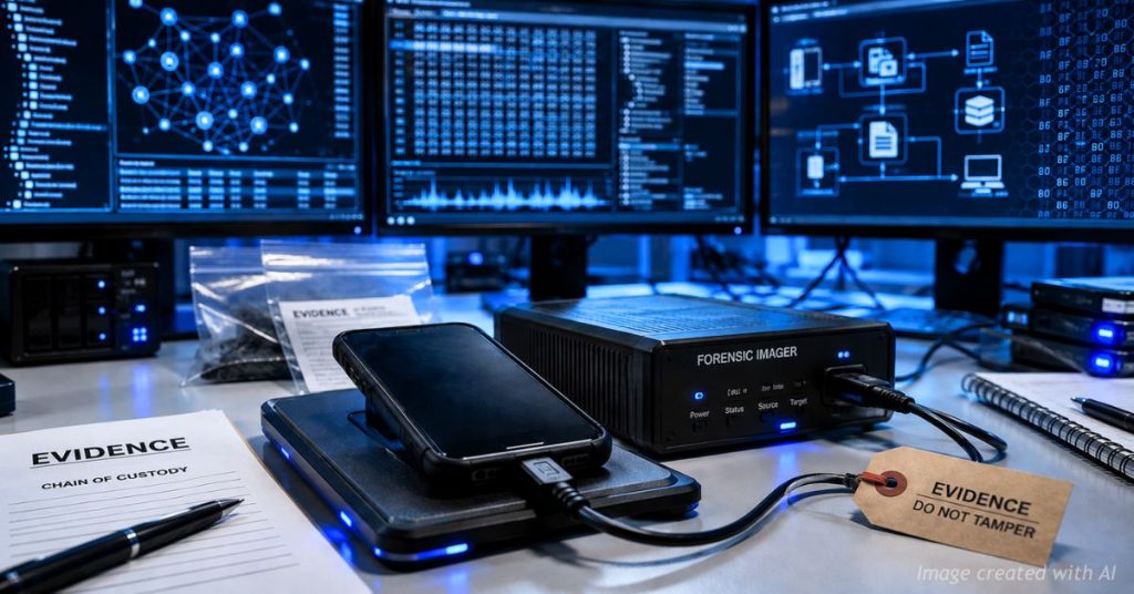 Government smartphone undergoing digital forensic analysis during a Senate investigation.