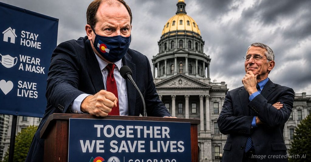 Illustration of Gov. Jared Polis at a podium with Dr. Anthony Fauci before the Colorado Capitol during a COVID-themed press event.