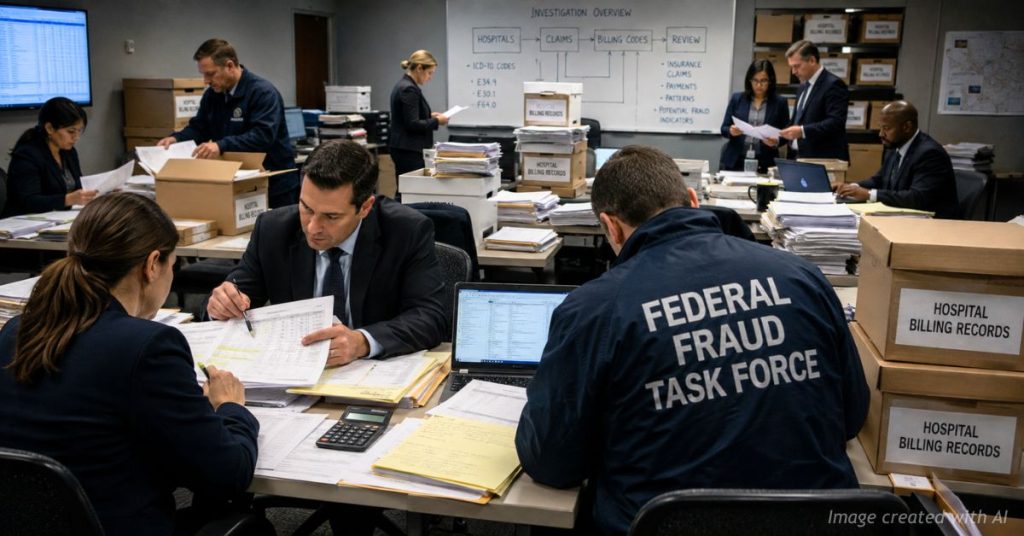 Federal fraud investigators review hospital billing records and medical claims during a task force investigation.