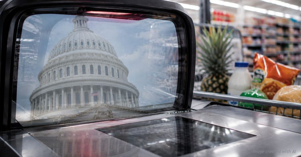 US Capitol reflected in a supermarket checkout scanner beside groceries, symbolizing federal reach into food choices.