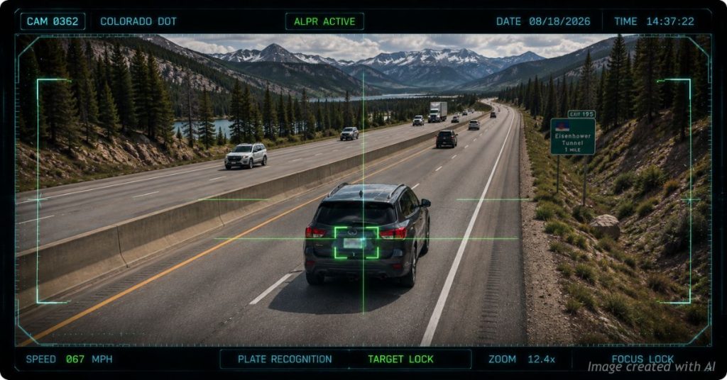 Camera viewfinder targets a vehicle license plate on a Colorado highway with an automated plate reader.