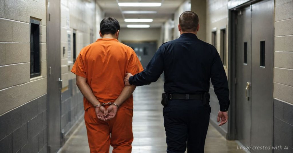 Unidentified corrections officer escorts a handcuffed prisoner in an orange jumpsuit down a correctional facility hallway.