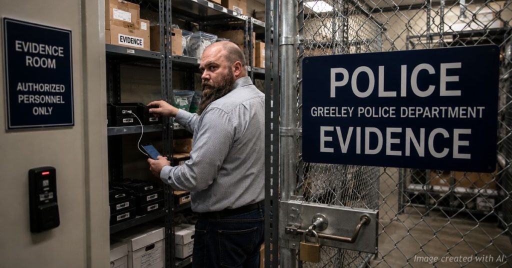Illustration of a former IT worker inside the Greeley Police Department evidence room accessing digital hard drives.