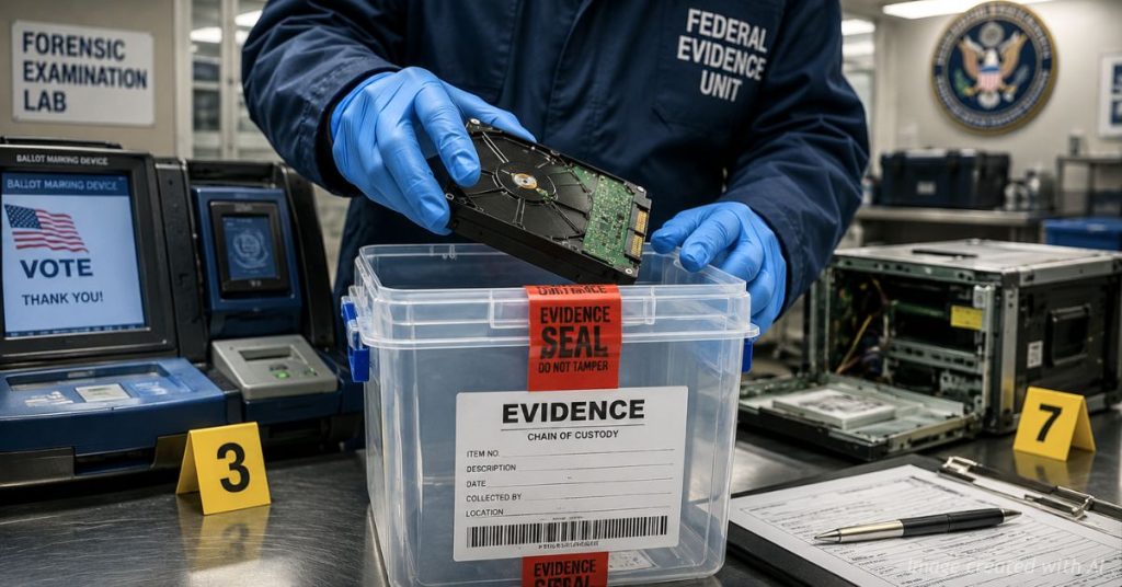 Gloved forensic technician secures a hard drive as election equipment awaits examination.