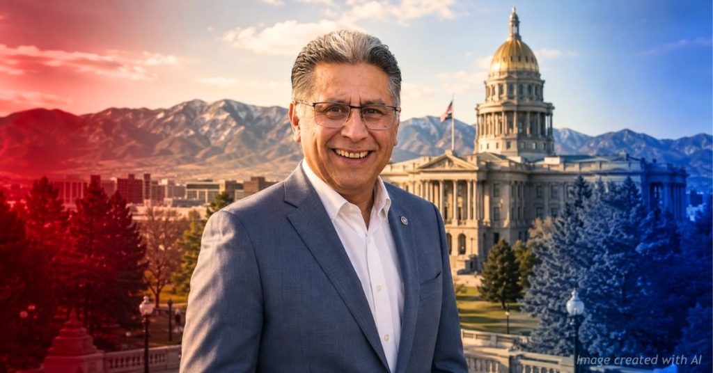 Greg Lopez stands before the Colorado Capitol between subtle red and blue political imagery.