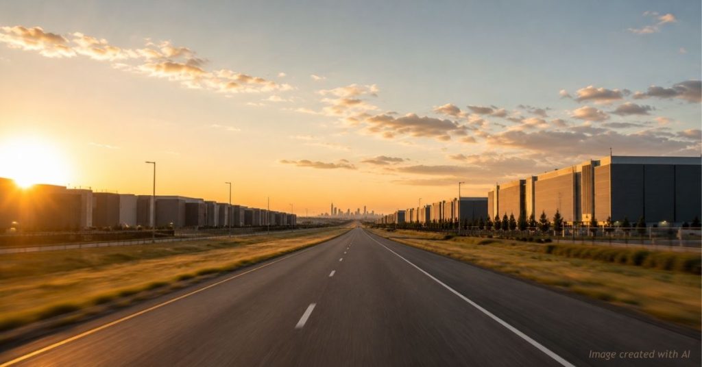 Open highway lined with data centers leading toward a distant city skyline at golden hour.