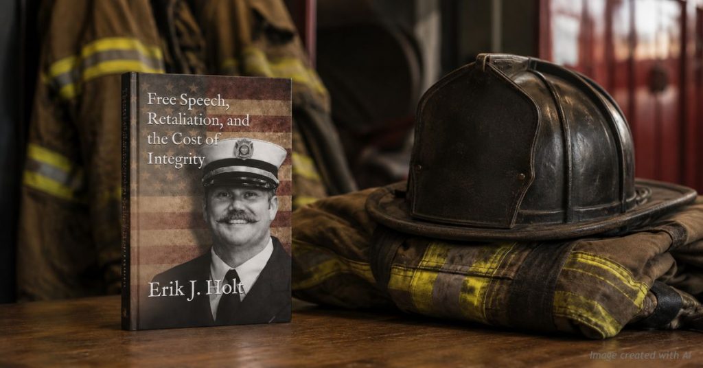 Erik Holt's book Free Speech, Retaliation, and the Cost of Integrity staged beside a firefighter's helmet and turnout coat.