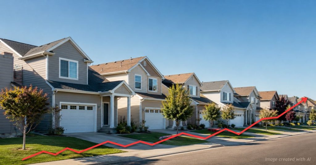 Row of suburban homes with a rising red arrow showing housing prices climbing amid illegal immigration demand.