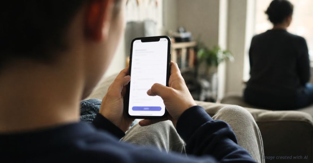 Teen's hands hold a phone showing a sign-up form while a blurred adult sits turned away by a window.