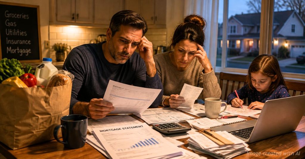 Family reviews household bills and mortgage paperwork amid rising inflation and housing costs.
