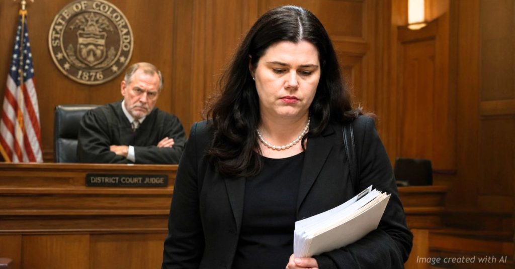 Jena Griswold depicted leaving a Colorado courtroom following a ruling in a public records dispute