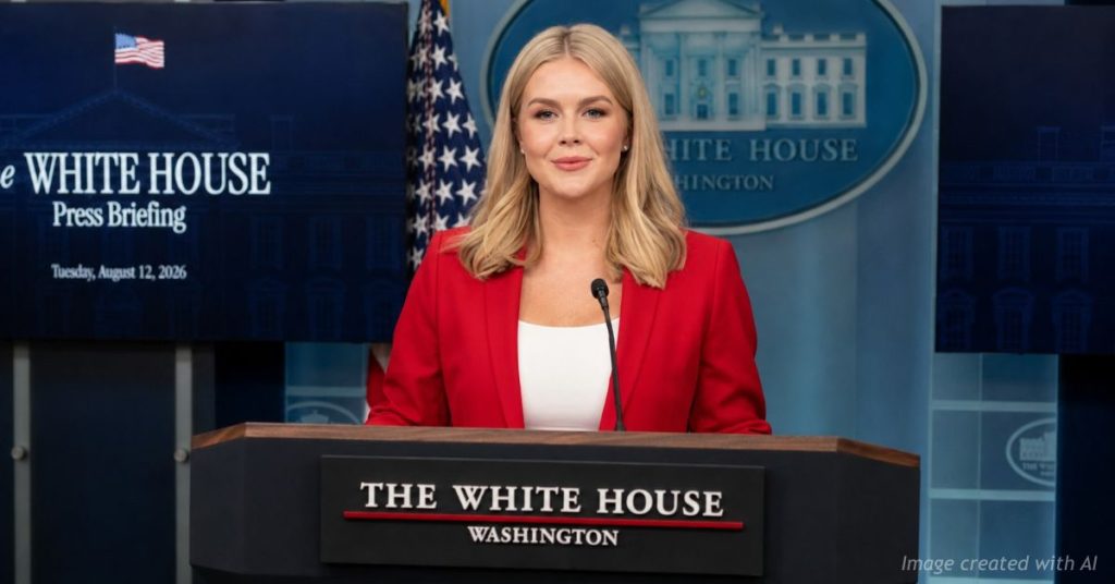 Karoline Leavitt at the White House press briefing podium before stepping down as press secretary.