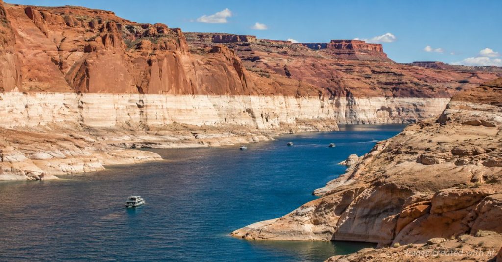 Lake Powell at low water with a prominent bathtub ring marking the reservoir's former water level.
