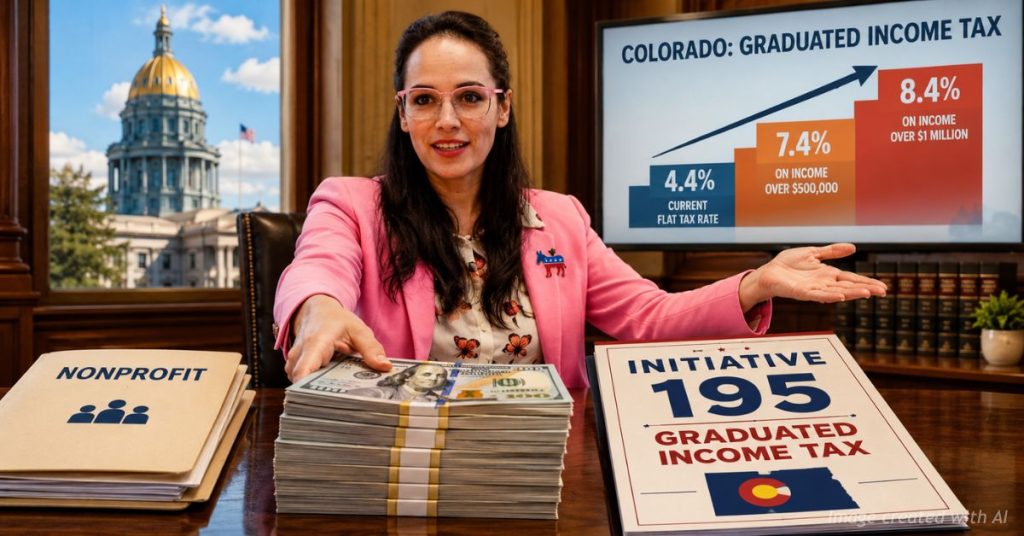 Editorial illustration of Rep. Lorena Garcia presenting money toward Colorado’s Initiative 195 graduated income tax proposal.