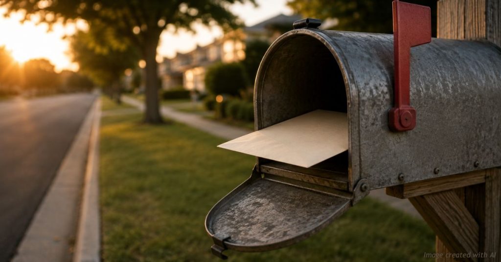 Plain mail-in ballot envelope in a residential mailbox at golden hour