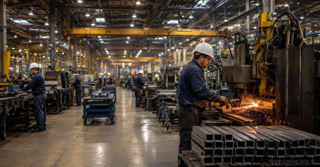 Workers operating machinery on a busy modern American factory floor, symbolizing a manufacturing boom.