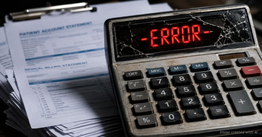 Cracked calculator on medical bills symbolizing the unaffordable math behind Medicare for All spending projections.