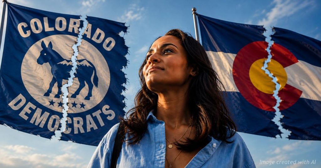 Melat Kiros stands before fractured Colorado Democratic and Colorado flags symbolizing divisions within the party.