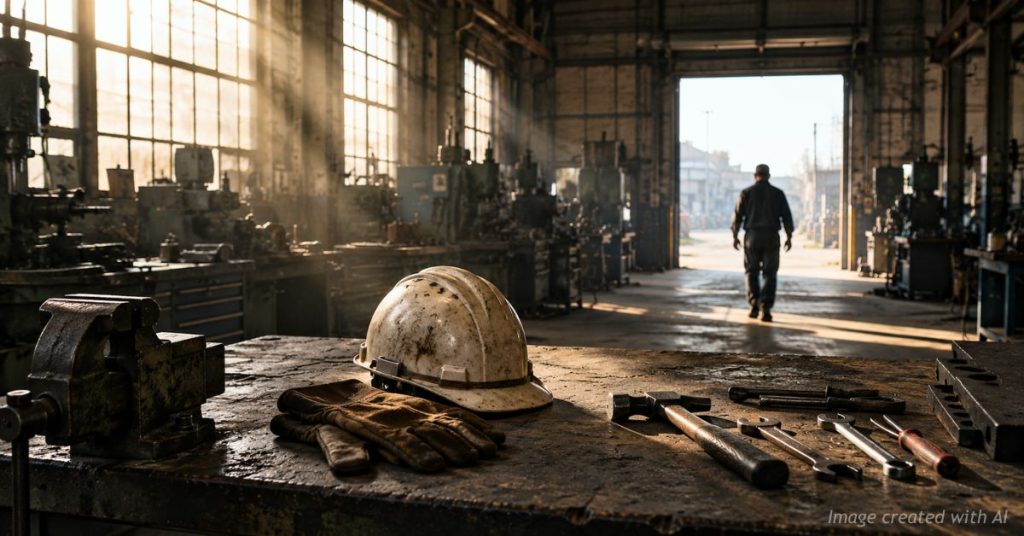Empty factory workbench as a lone male worker walks toward the exit.