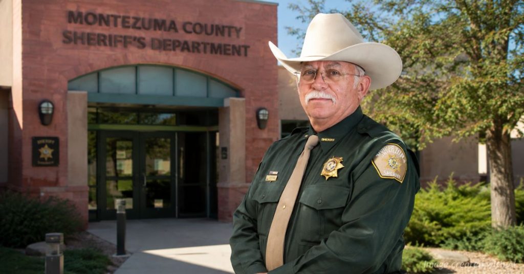 Montezuma County sheriff standing outside a rural Colorado sheriff's office with American and Colorado flags.