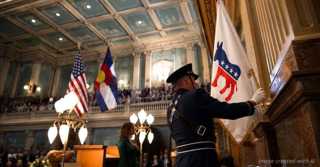 Colorado Capitol sergeant at arms ceremonially raises a Democratic Party flag as national Democrats target legislative supermajorities.