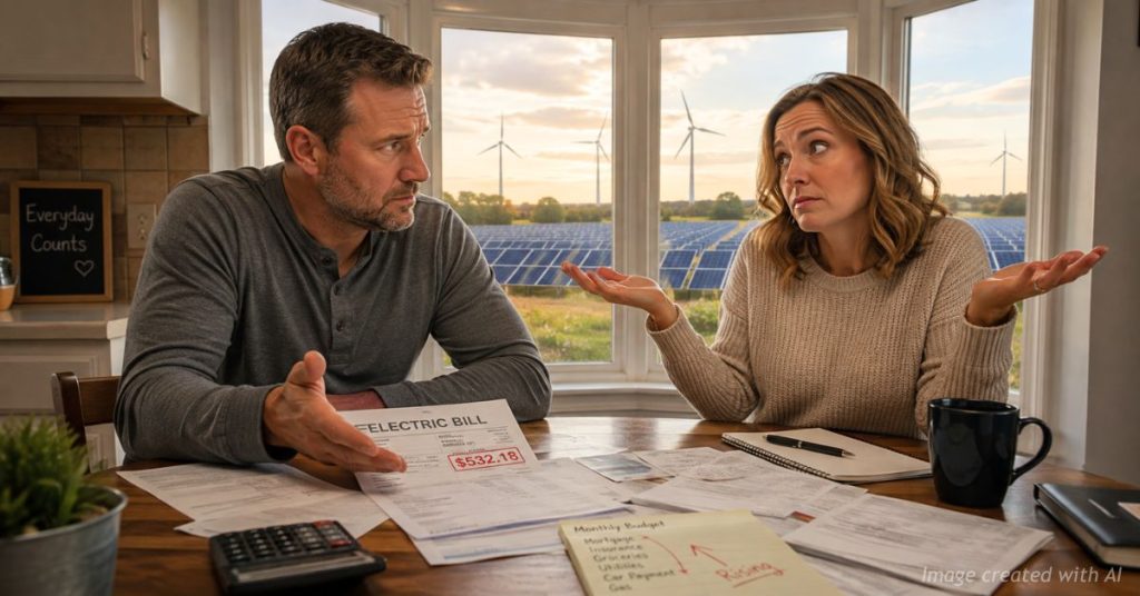 Couple reacts to a high electric bill as wind turbines and solar panels stand outside their kitchen window.