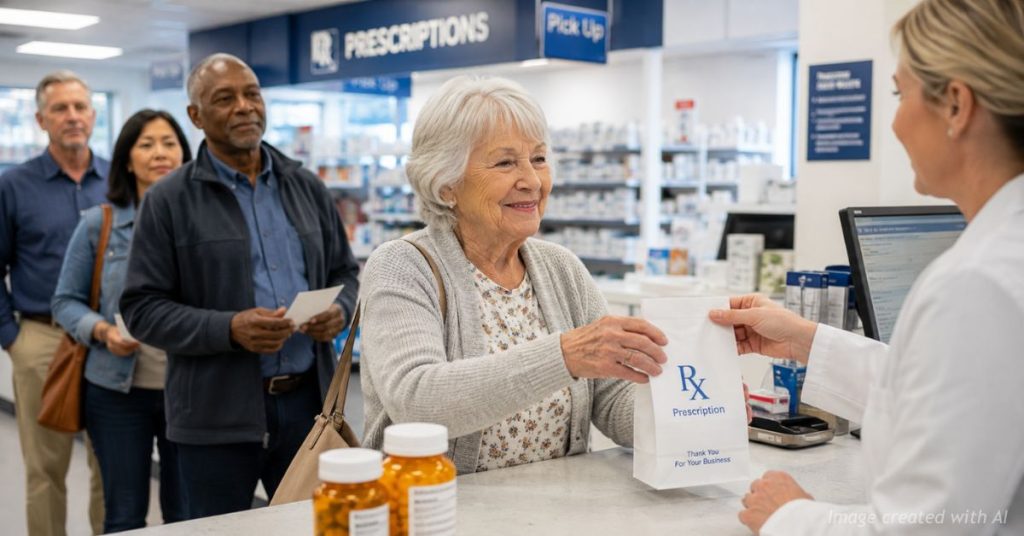 A customer receives a prescription at a pharmacy as a downward price graphic signals falling costs.