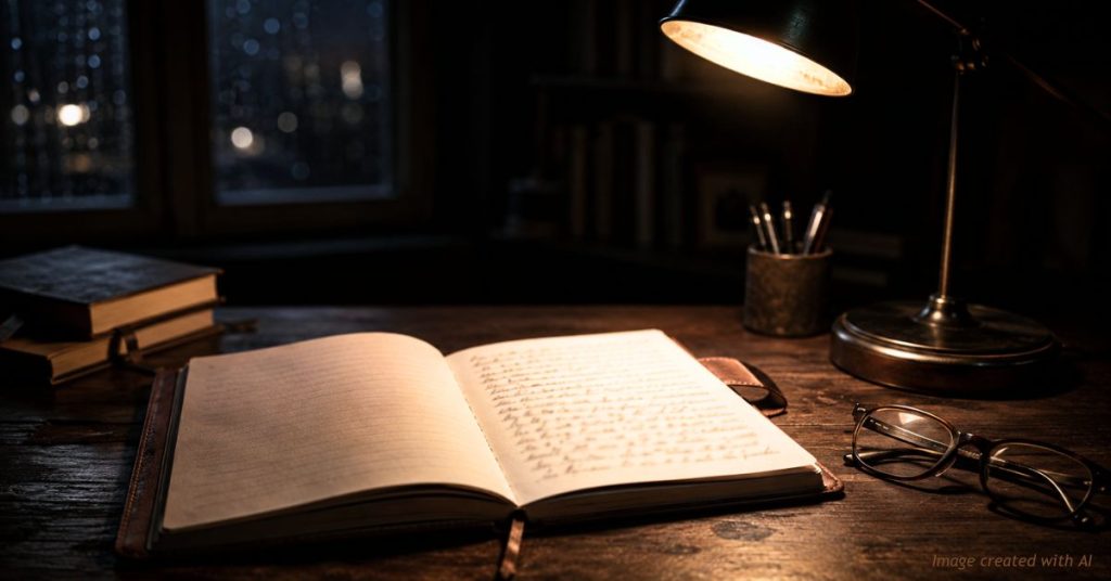 Open personal journal with illegible handwriting under a desk lamp at night
