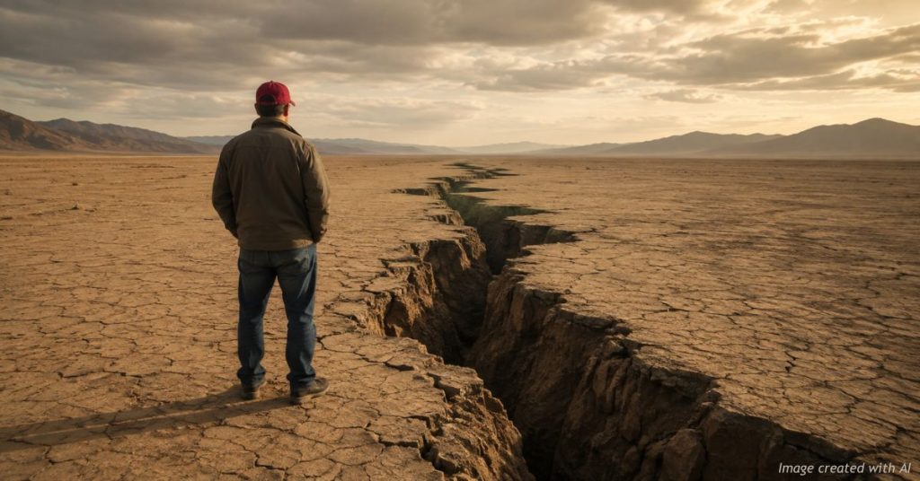 Man in a plain red cap seen from behind at a widening crack in dry ground, evoking a supporter base dividing.