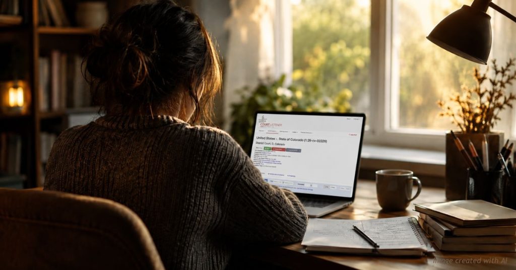 A reporter seen from behind working at a laptop in a sunlit home office, notes and coffee on the desk.