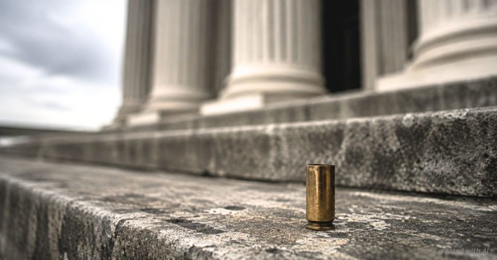 A single spent shell casing standing on courthouse steps, symbolizing a federal gun rights lawsuit.