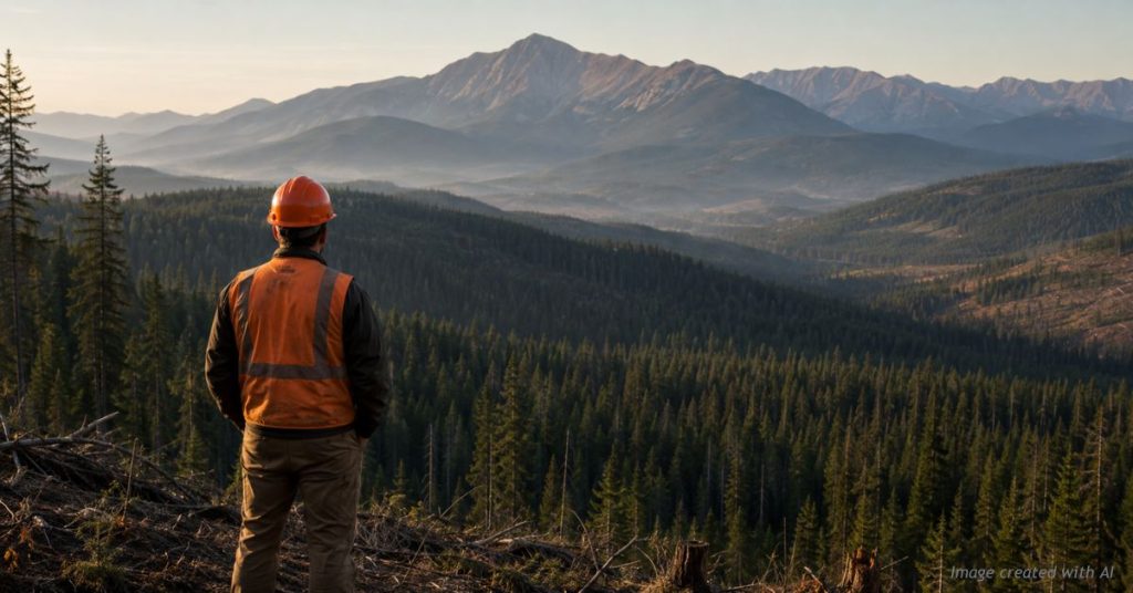 Lone forester seen from behind overlooking vast pine forest, symbolizing the shrinking professional forestry workforce.