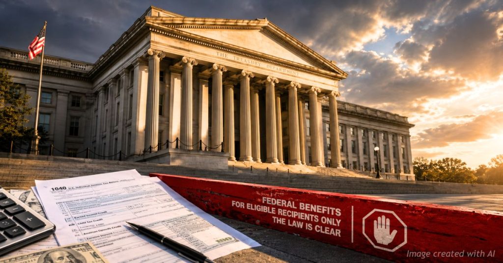 U.S. Treasury Building with tax documents and a symbolic boundary representing tighter benefit eligibility.