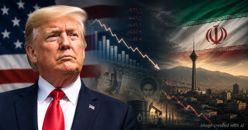 Trump pictured against U.S. and Iranian imagery symbolizing economic pressure on Tehran.