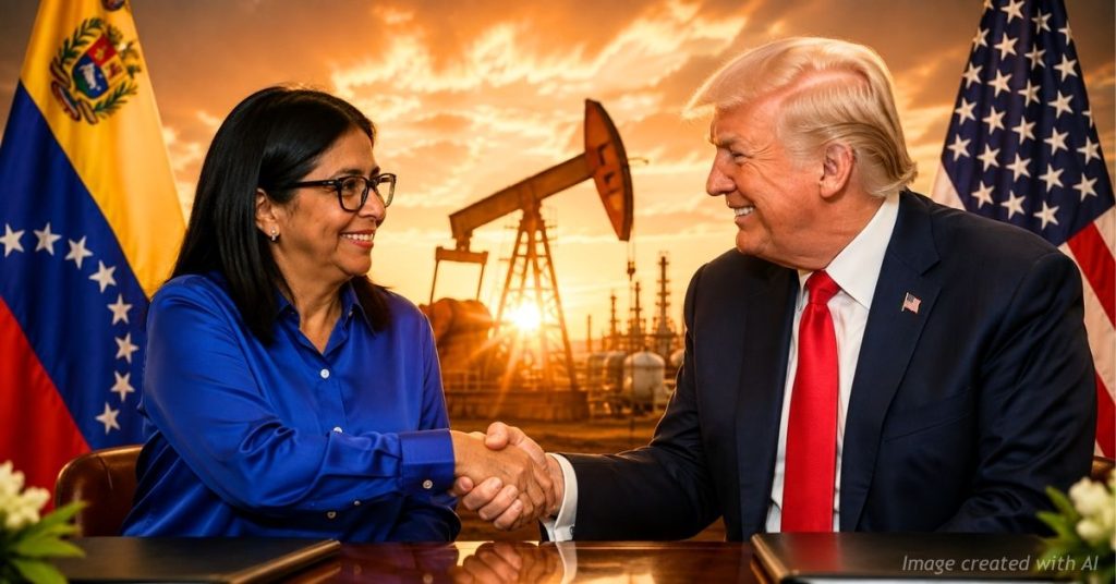 Trump and Venezuela’s interim president shake hands with US and Venezuelan flags and oil production behind them.