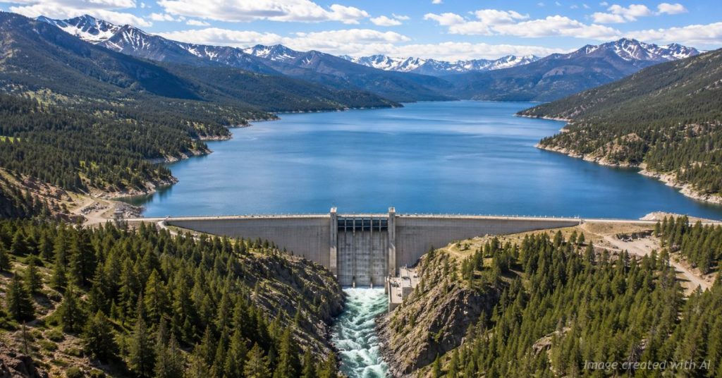 Colorado reservoir and modern water infrastructure framed by Rocky Mountain peaks and agricultural land.