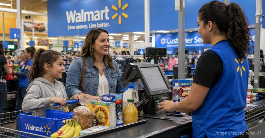 Woman and child check out at Walmart as the retailer plans to use tariff refunds to support lower prices.