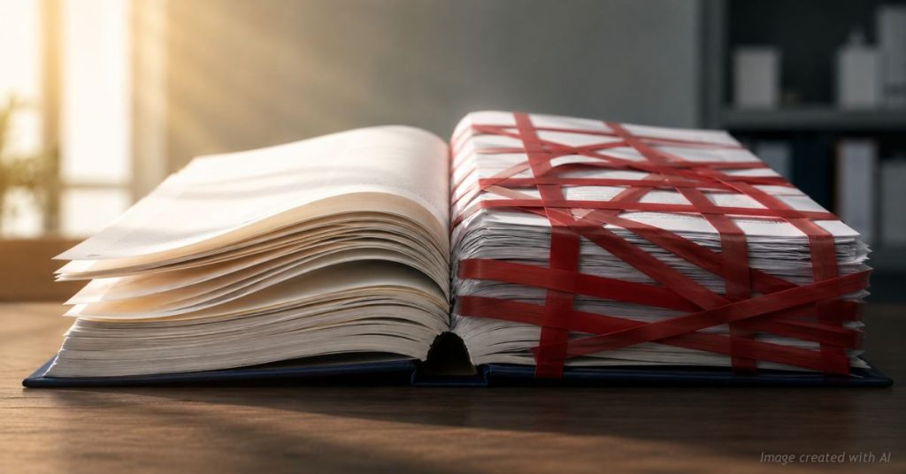 Policy document split between open light and red tape, symbolizing contradictions in a governor's plan.