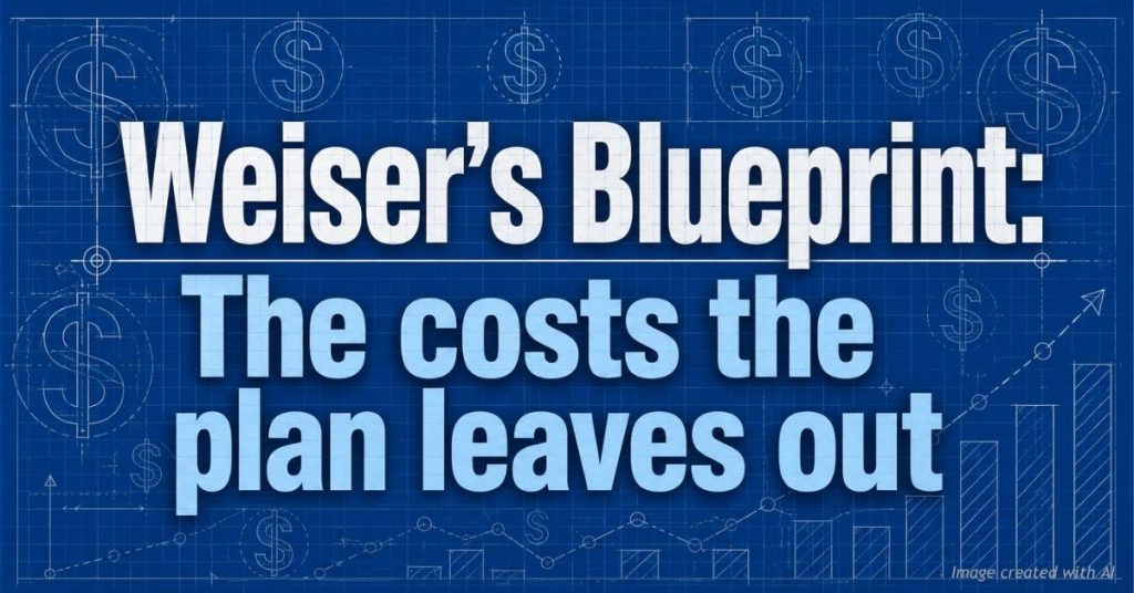 Blueprint-style banner covered in dollar-sign schematics, in deep blue and white.