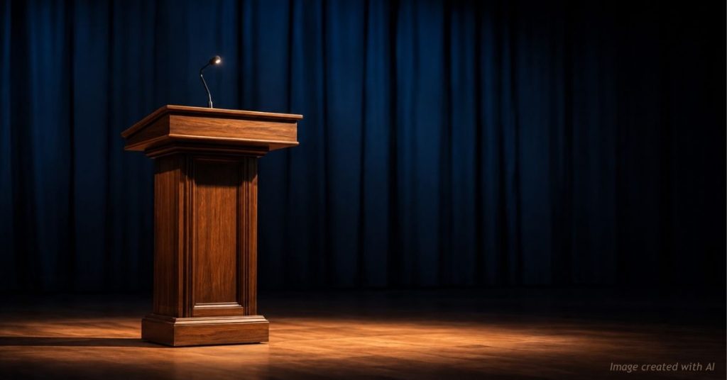 Empty debate lectern under a spotlight on a dark stage, suggesting an unanswered question.