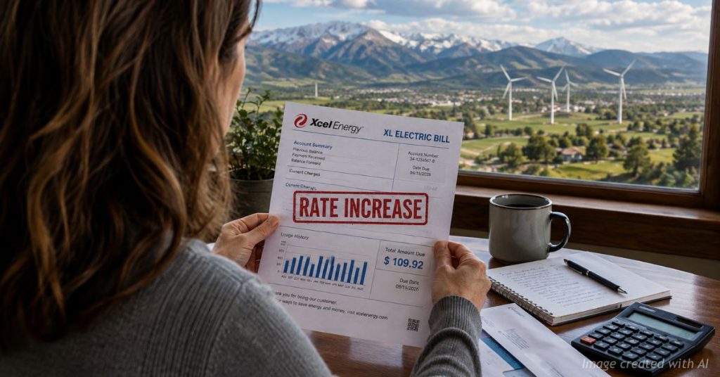 Woman reviews an Xcel electric bill marked “Rate Increase” with Colorado wind turbines in the distance.