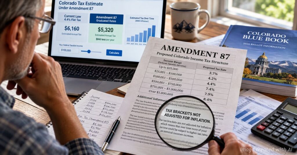 Colorado voter examines Amendment 87 tax brackets and the provision stating they are not adjusted for inflation.