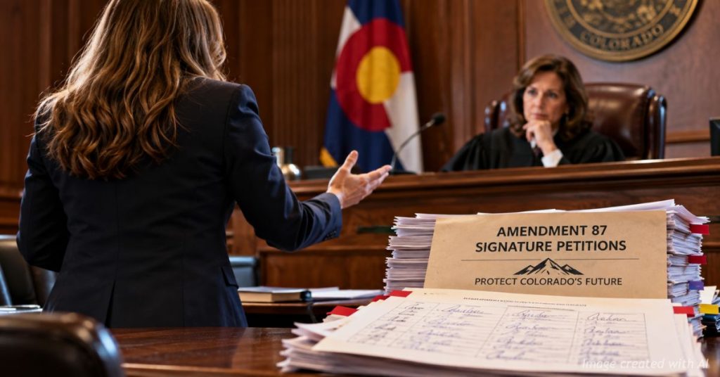 Illustration of an attorney arguing before a judge beside a stack of Amendment 87 signature petitions.